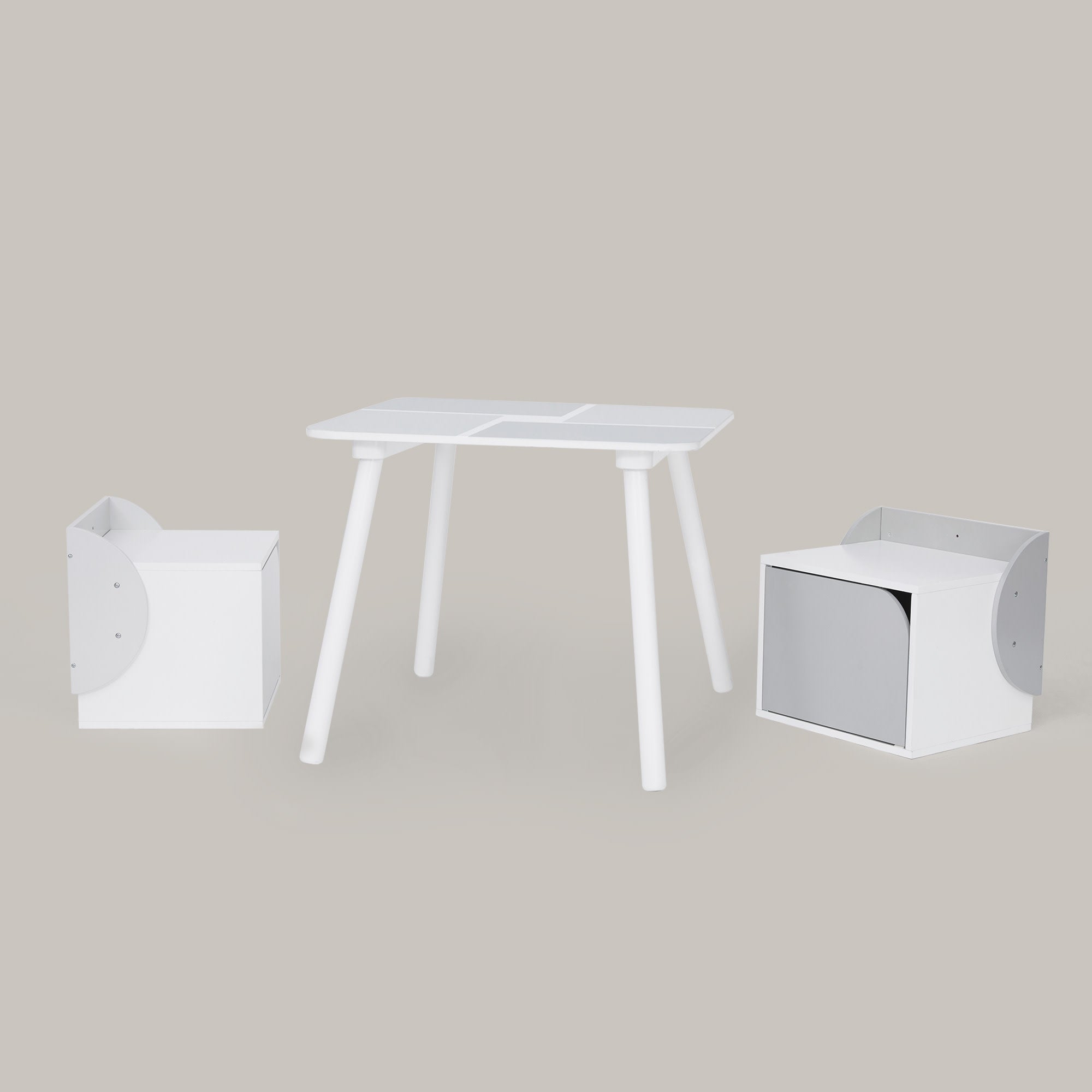 Fantasy Fields Kids Wooden Biscay Bricks Square Table and Two Chair Cubes with Underneath Storage, Gray/White