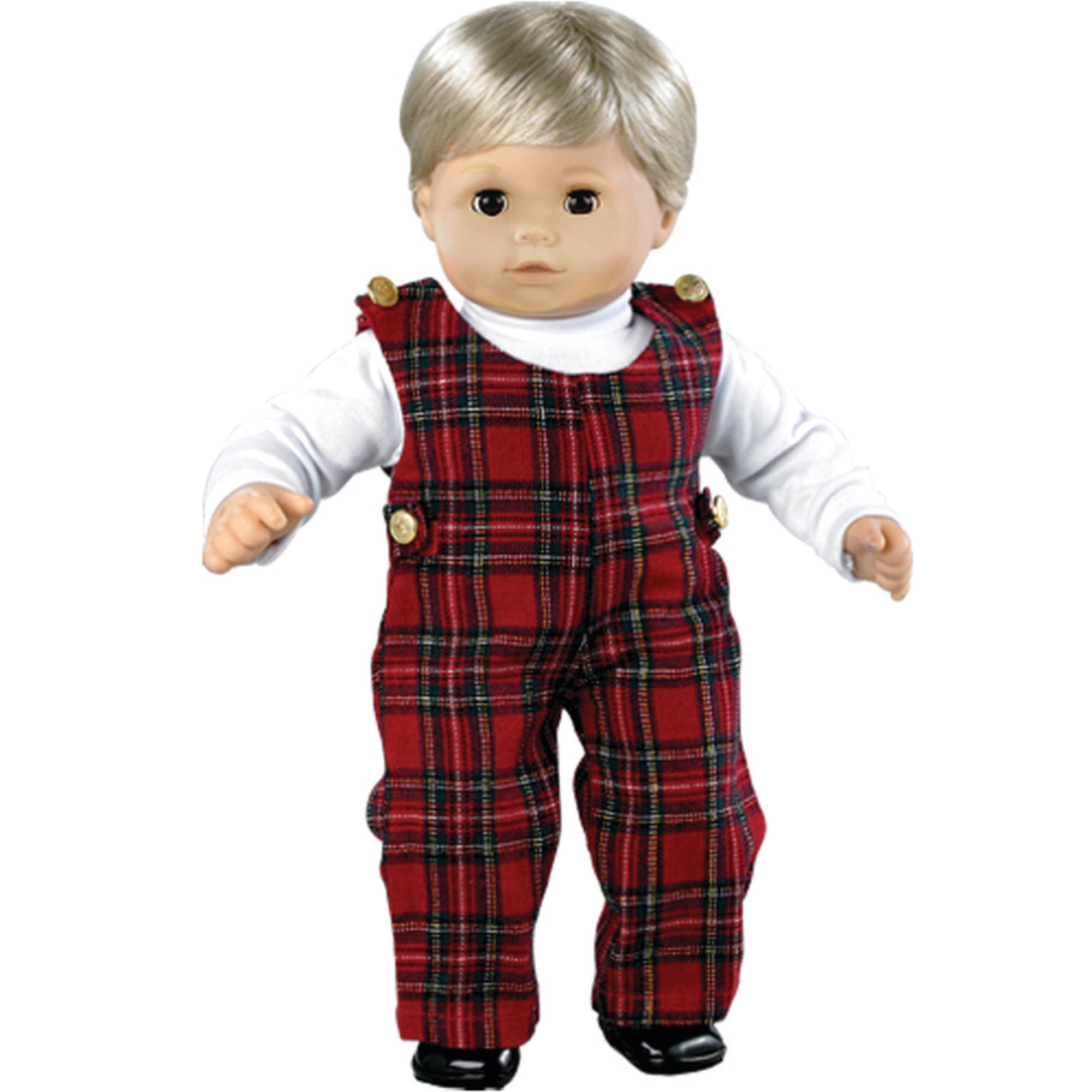 Sophia’s Special Occasion Holiday Party Gender-Neutral Tartan Plaid Jumper & White Long-Sleeved Turtleneck for 15” Baby Dolls, Red