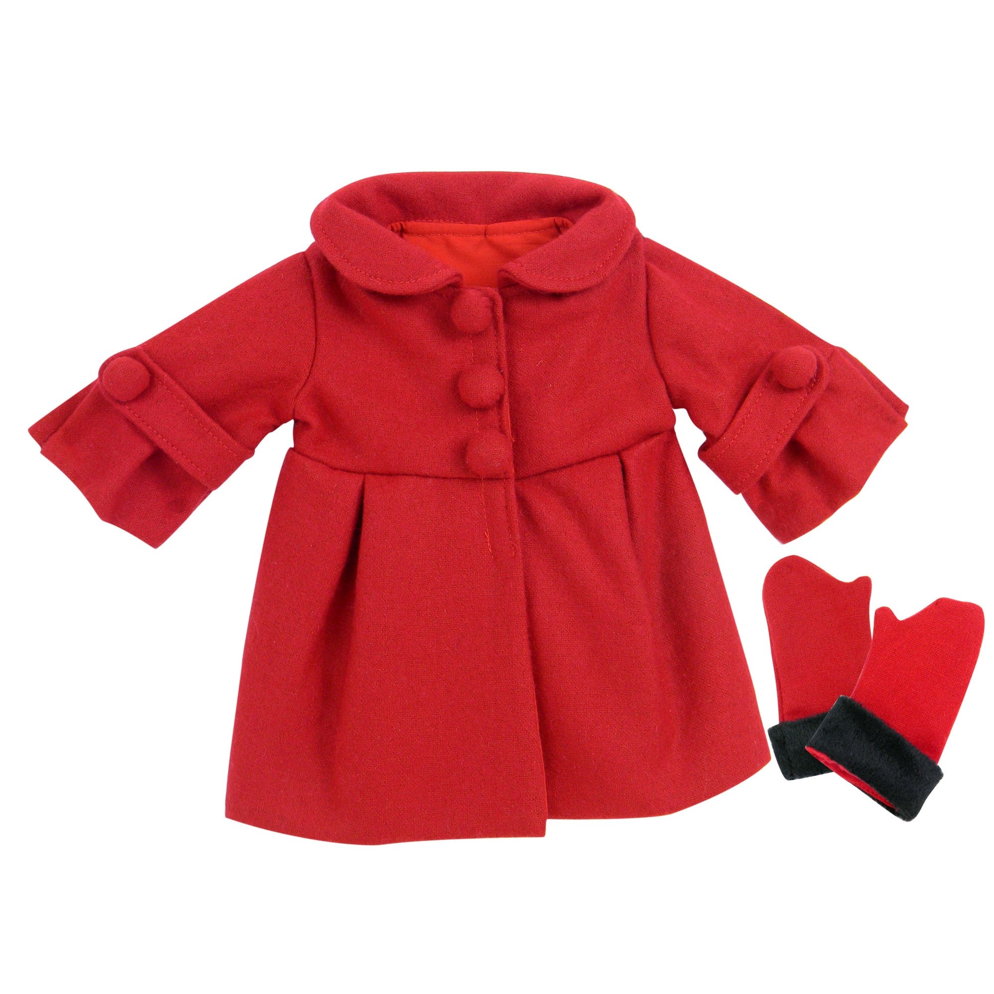 Sophia’s Special Occasion Winter Holiday Dress Coat and Mittens with Black Faux Fur Trim for 18” Dolls, Red