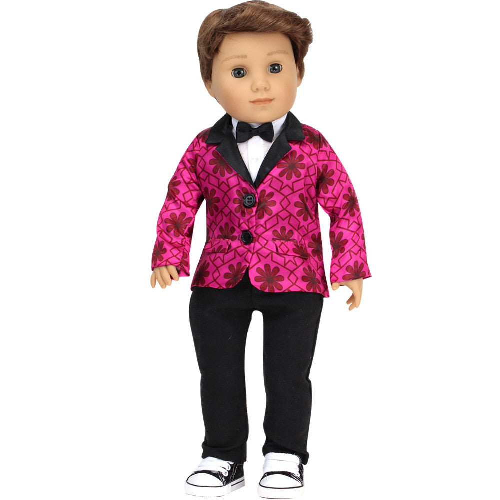 Sophia’s Geometric Floral Print Satin Blazer, White Dickie with Bow Tie, & Dress Pants Complete Outfit Set for 18” Dolls, Magenta/Black