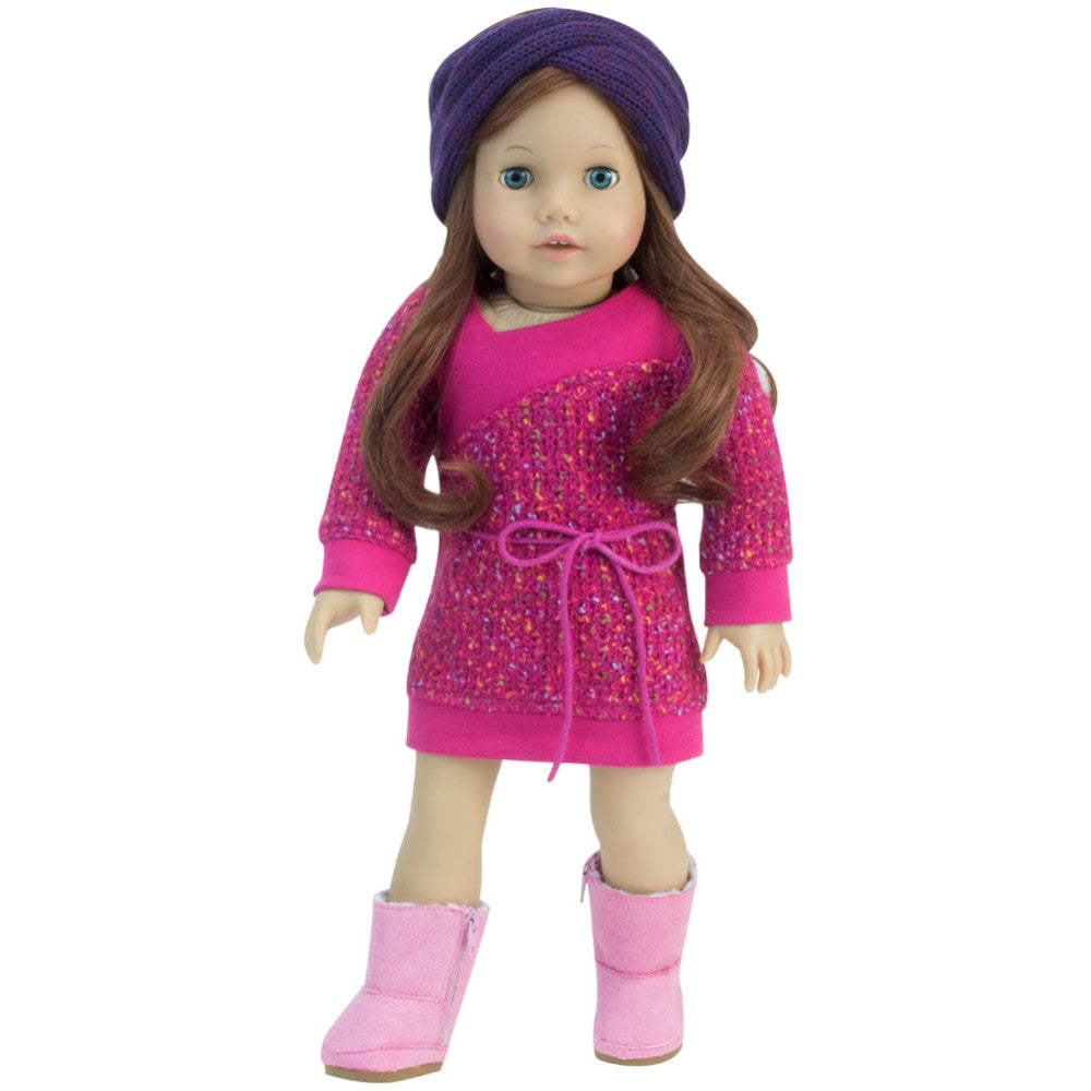 Sophia’s Super Cute Artistic Long-Sleeved Asymmetrical Space-Dyed Knit Sweater Dress with Bow for 18” Dolls, Hot Pink