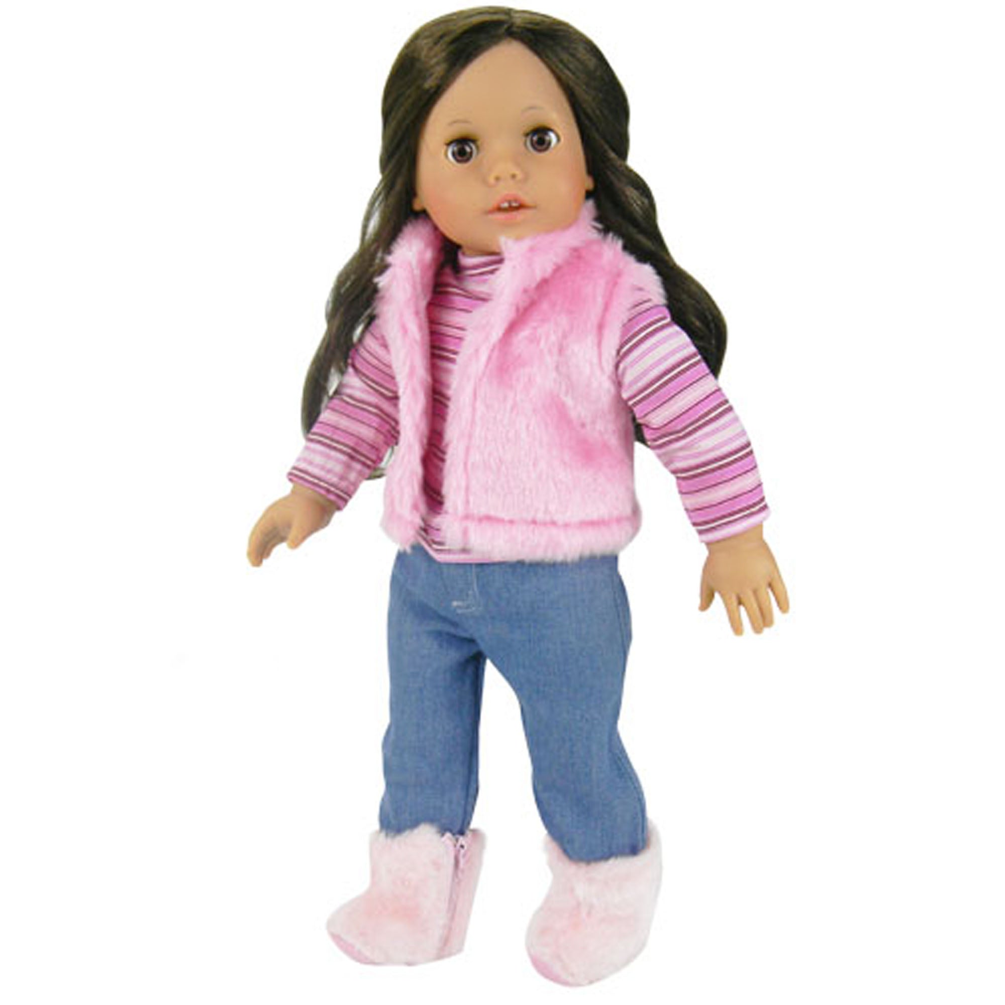 Sophia's  18" Doll  Jeans, Stripe T, Fur Vest & Fur Boots Set - Light Pink