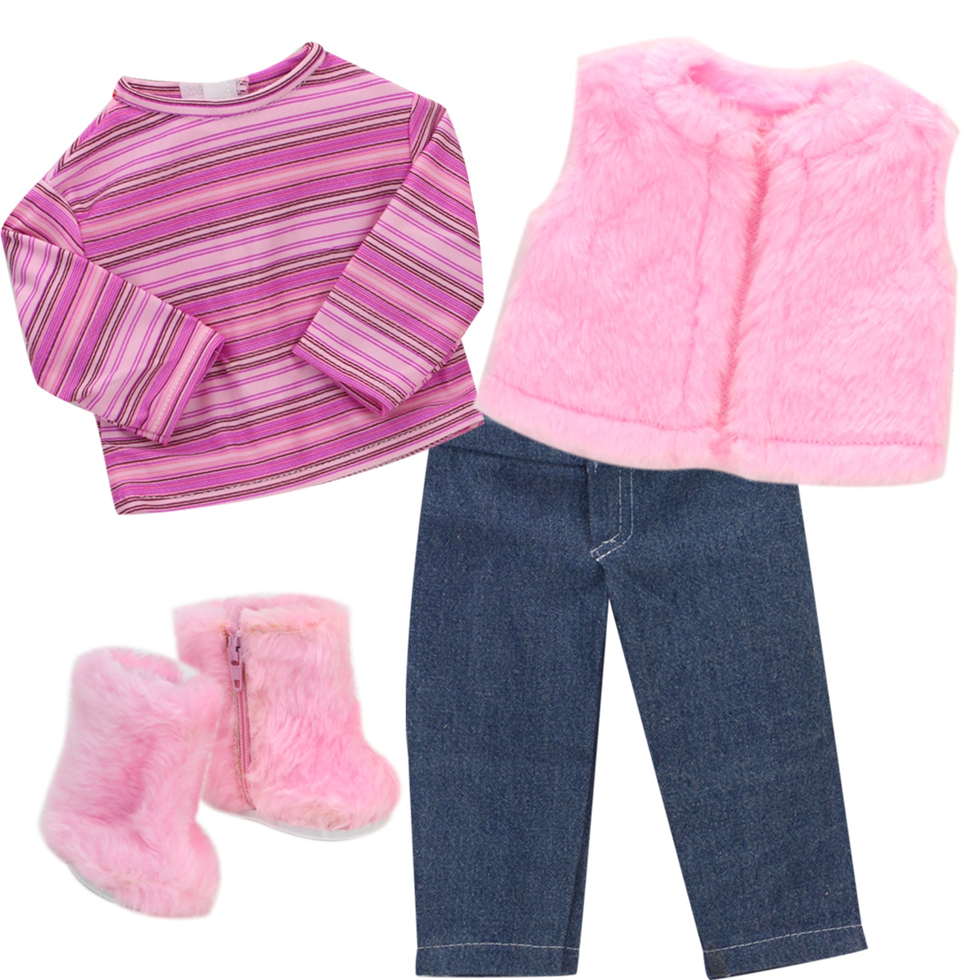 Sophia's  18" Doll  Jeans, Stripe T, Fur Vest & Fur Boots Set - Light Pink