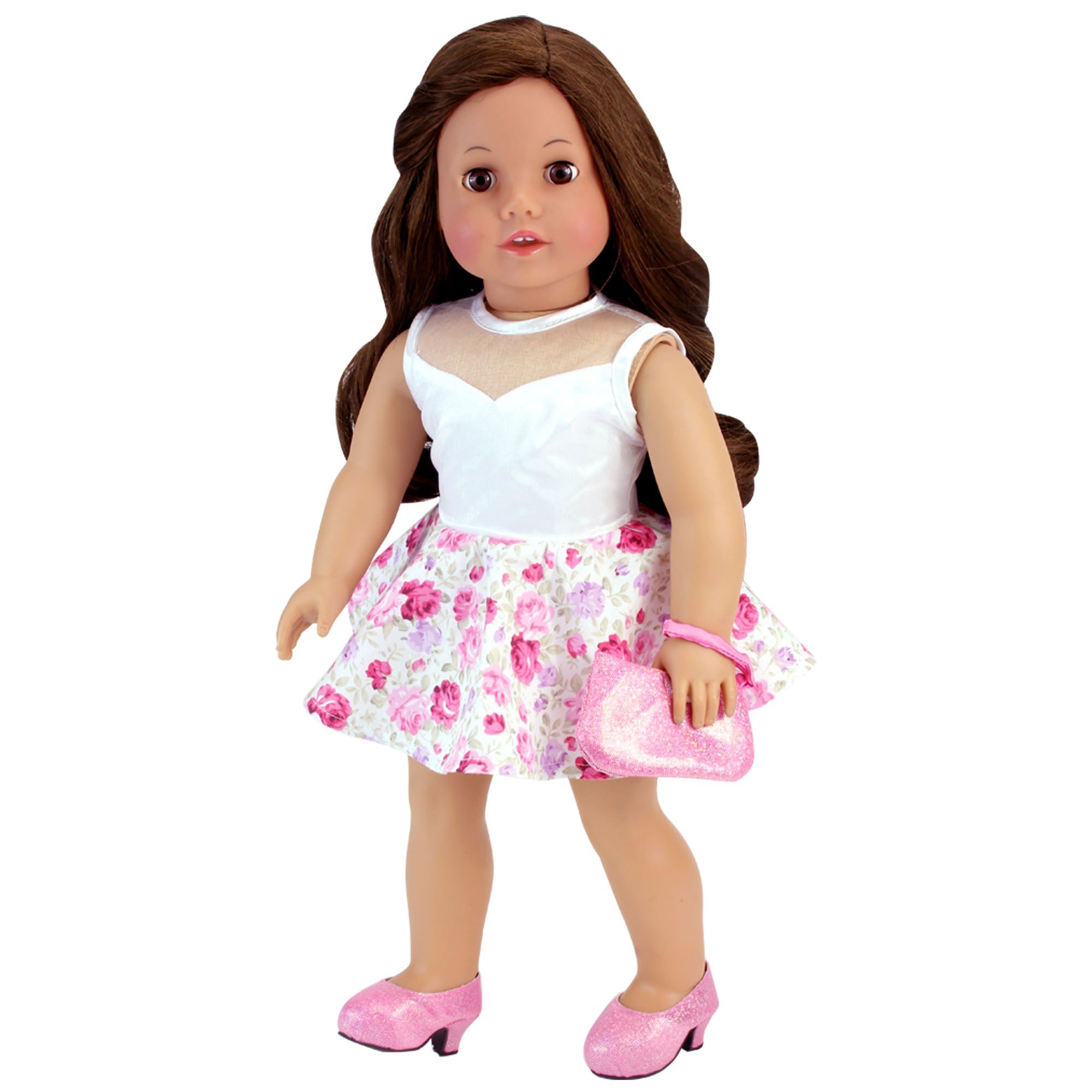 Sophia’s Floral Spring Dance Dress, Wristlet Purse, & Sparkly High Heels Complete Outfit Set for 18” Dolls, White