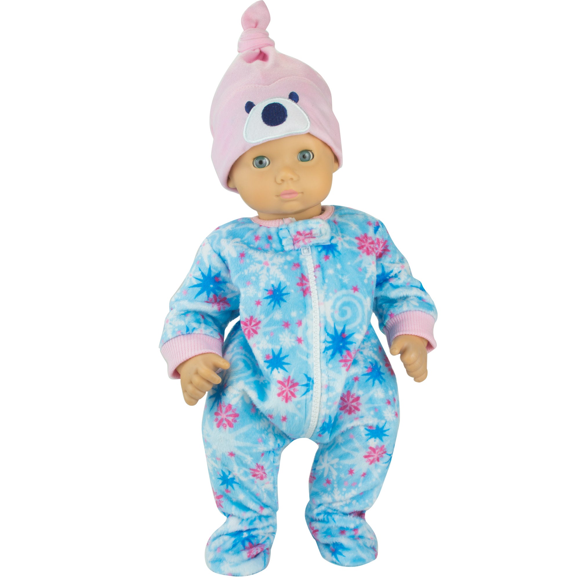 Sophia's 2 Piece Winter Print Fleece Sleeper Outfit with Hat Set for 15'' Dolls, Blue/Pink