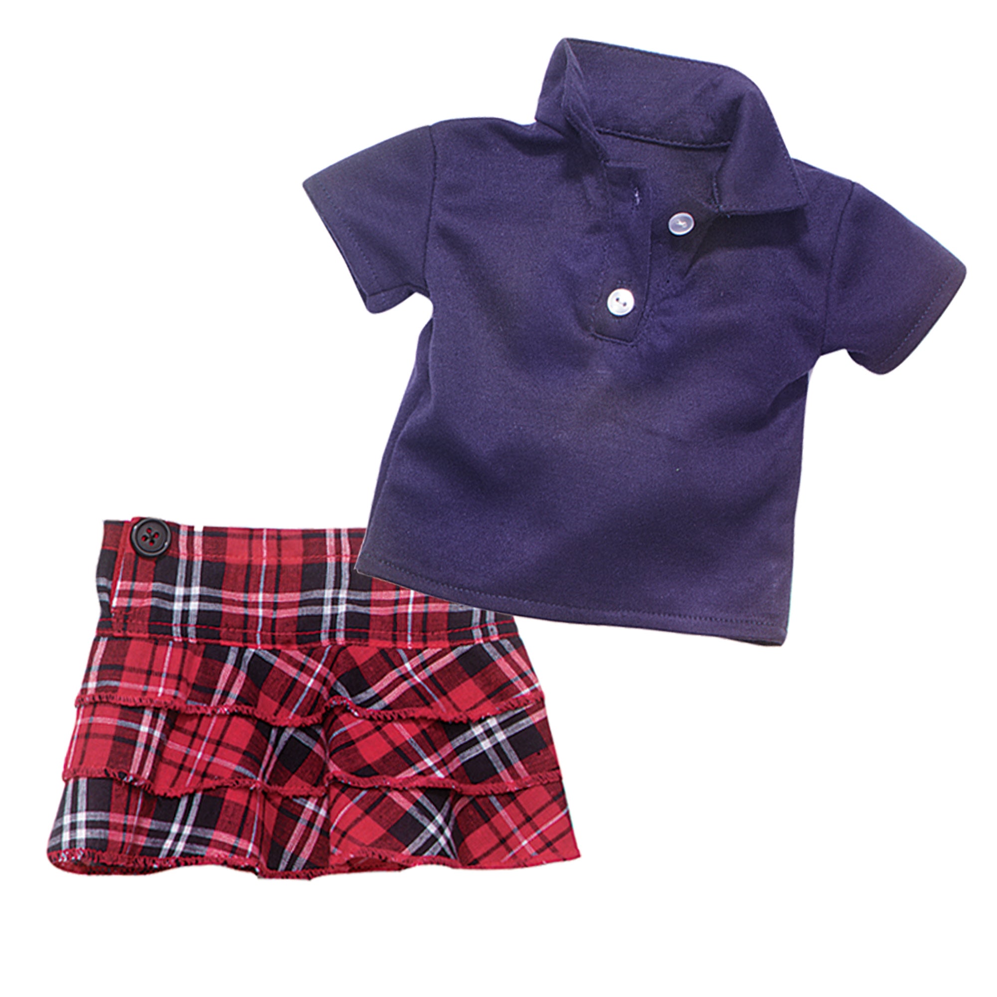 Sophia’s Prep School Uniform Three-Tiered Ruffle Plaid Skirt & Classic Short-Sleeved Polo Shirt for 18” Dolls, Red/Navy