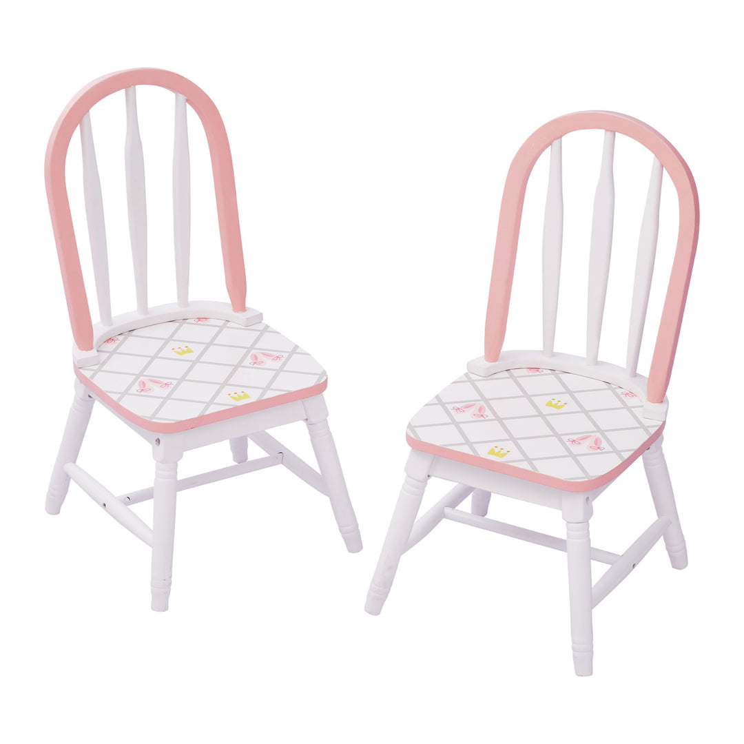 Fantasy Fields Toy Furniture Swan Lake Set of 2 Chairs with Hand-Painted Princess Crown & Ballet Slipper Grid Seat, White/Pink