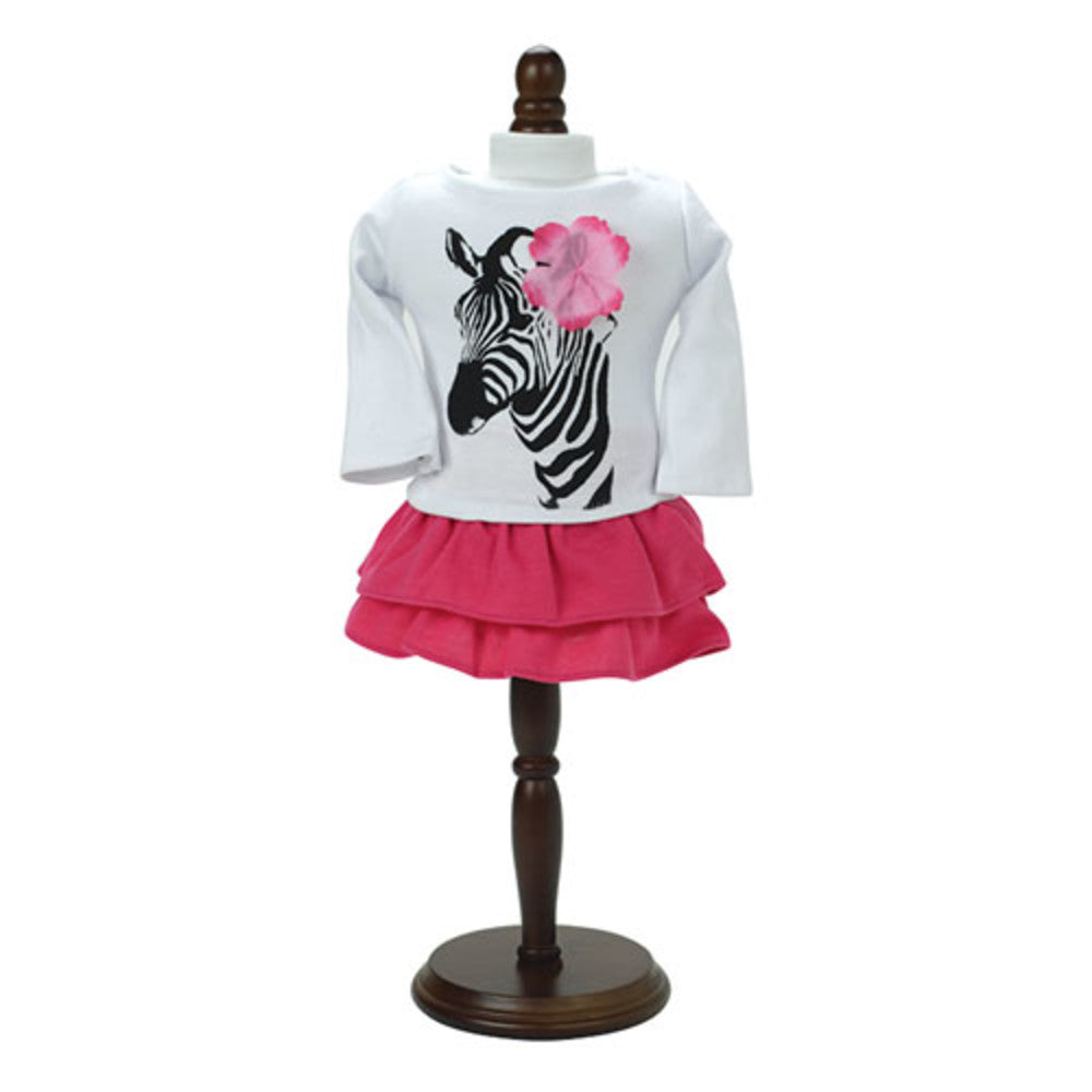 Sophia’s Two-Piece Mix & Match Printed Zebra Long-Sleeved T-Shirt & Two-Tiered Ruffle Skirt Complete Outfit Set for 18” Dolls, Hot Pink