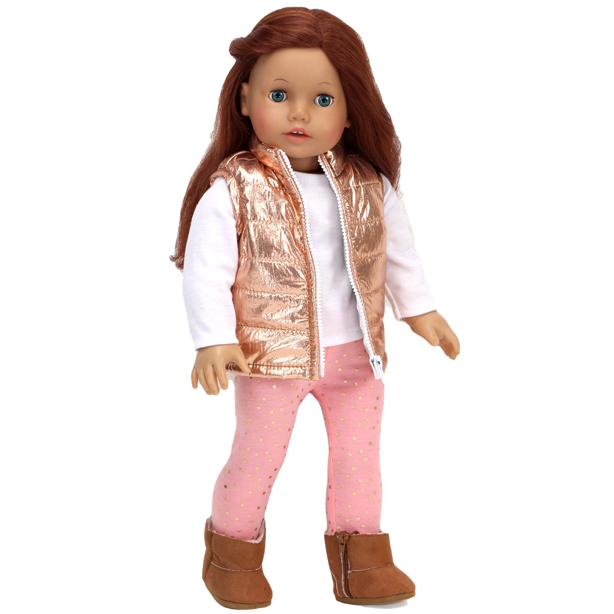 Sophia’s Metallic Zip-Up Vest, Peach Leggings with Gold Polka Dots, & White Long-Sleeved T-Shirt Complete Outfit Set for 18” Dolls, Gold