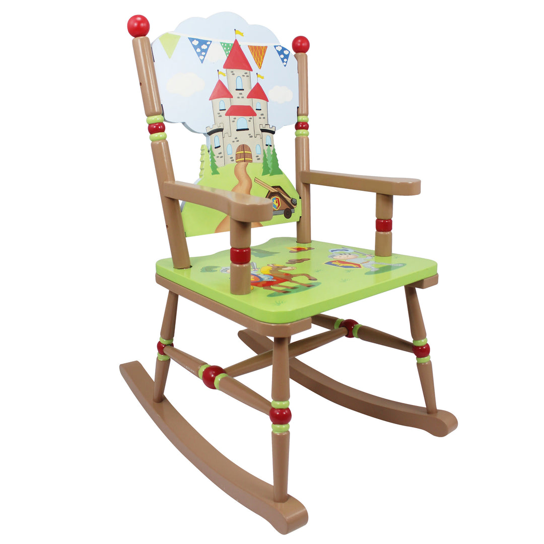 Fantasy Fields Toy Furniture Knights & Dragons Rocking Chair with Hand-Carved & Hand-Painted Castle Back, Red Accents, & Jousting Scene Seat, Green/Brown