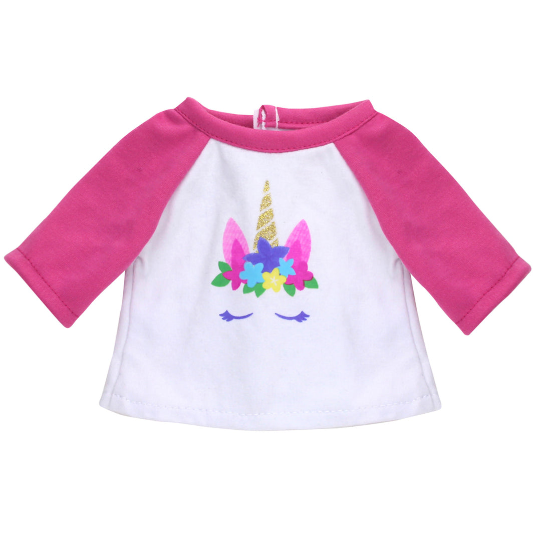 Sophia’s Long-Sleeved Unicorn Graphic Raglan T-Shirt for 18” Dolls, White/Pink