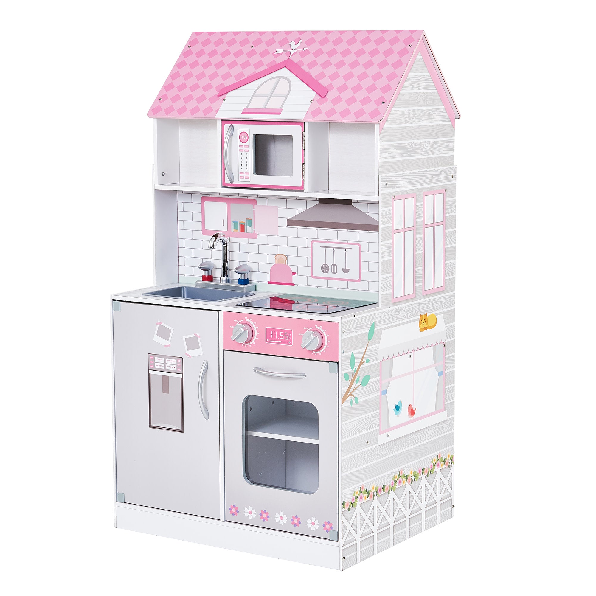 Teamson Kids Ariel 2-in-1 Double-Sided Play Kitchen with Accessories and Furnished Dollhouse for 12" Dolls, Pink
