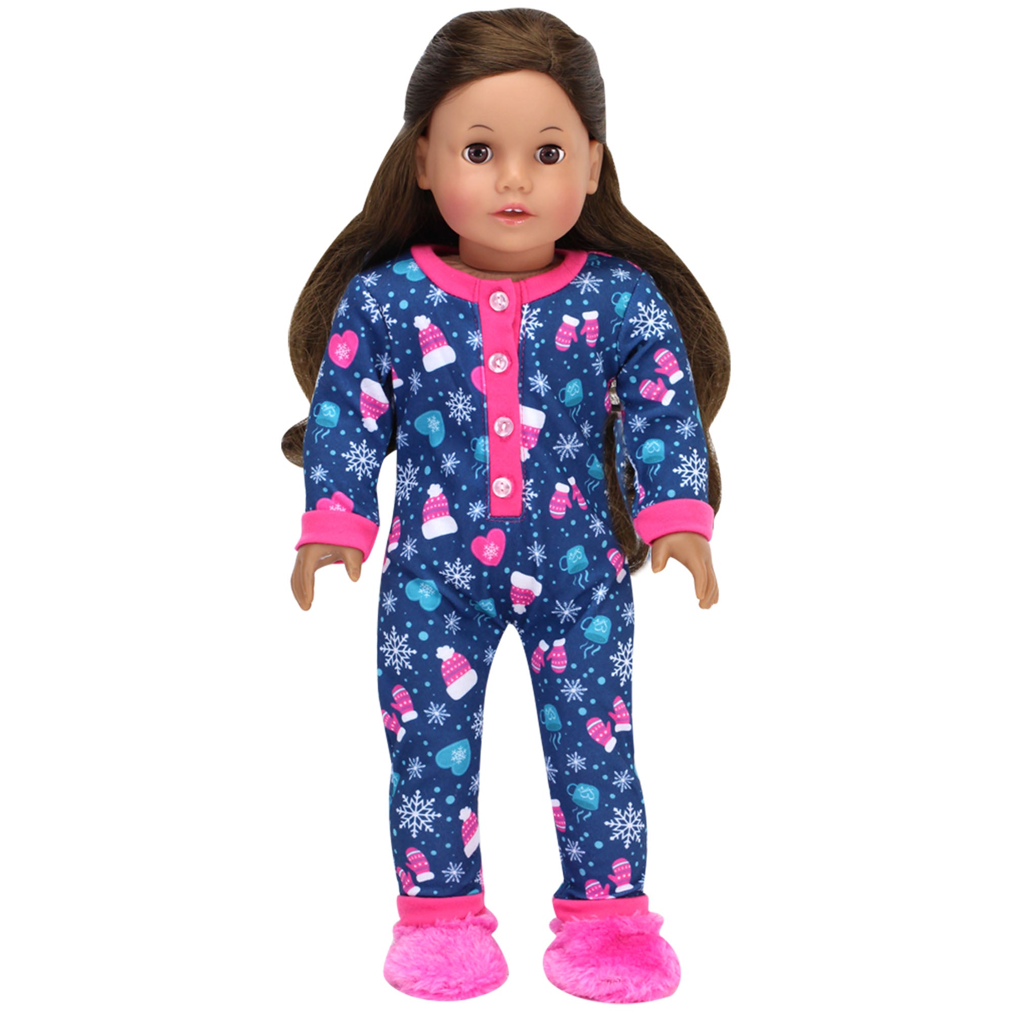 Sophia’s Hot Cocoa Print Long-Sleeved Winter Pajama Onesie with Matching Fuzzy Slippers Sleep Set for 18” Dolls, Navy/Hot Pink