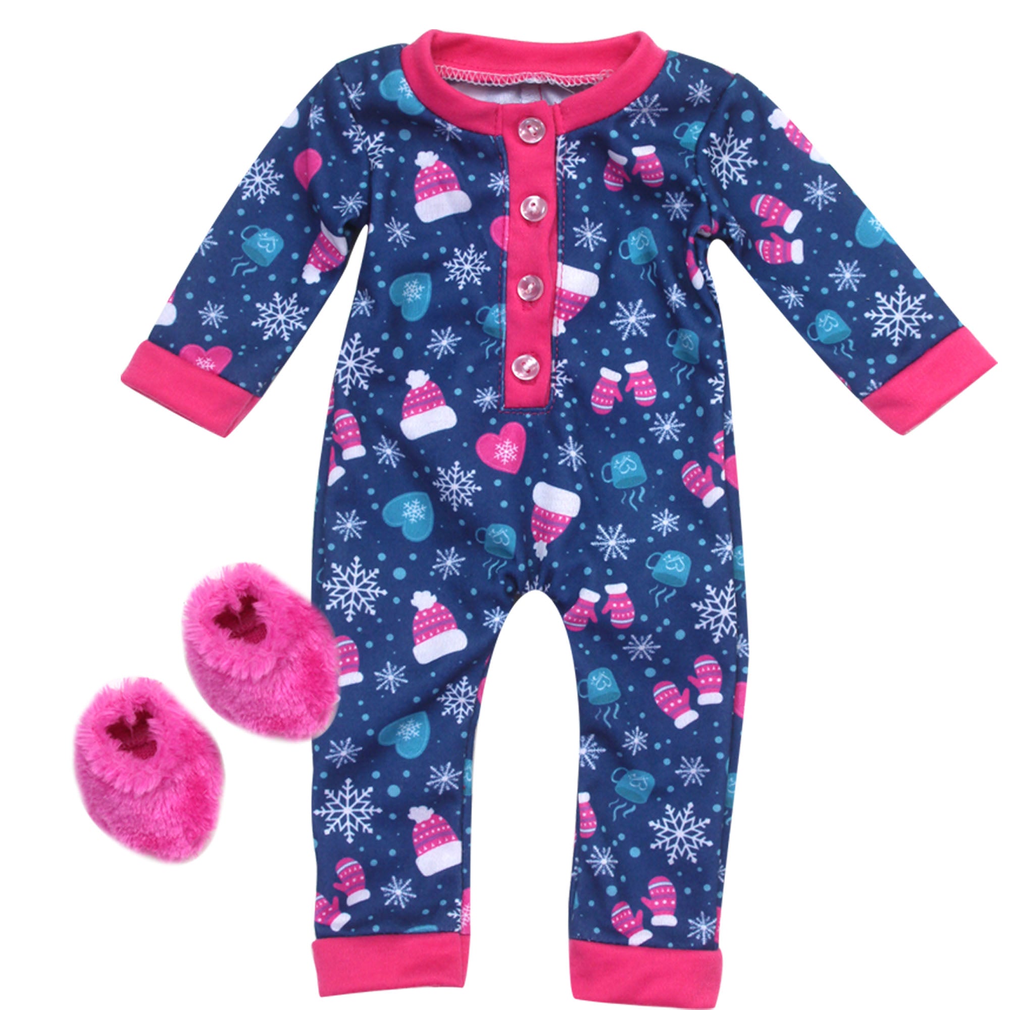 Sophia’s Hot Cocoa Print Long-Sleeved Winter Pajama Onesie with Matching Fuzzy Slippers Sleep Set for 15” Baby Dolls, Navy/Hot Pink