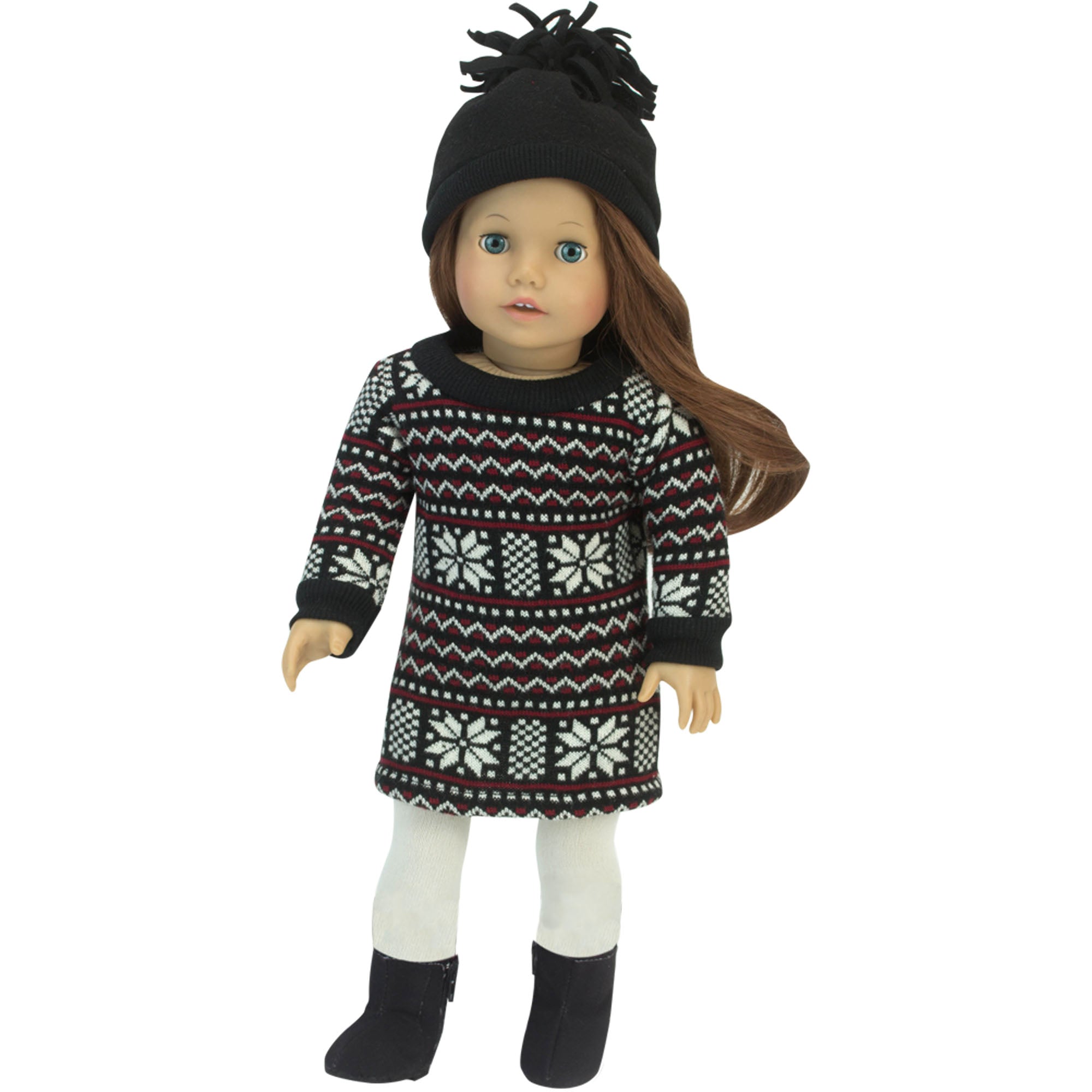 Sophia's Fair Isle Sweater Dress and Hat for 18" Dolls, Black