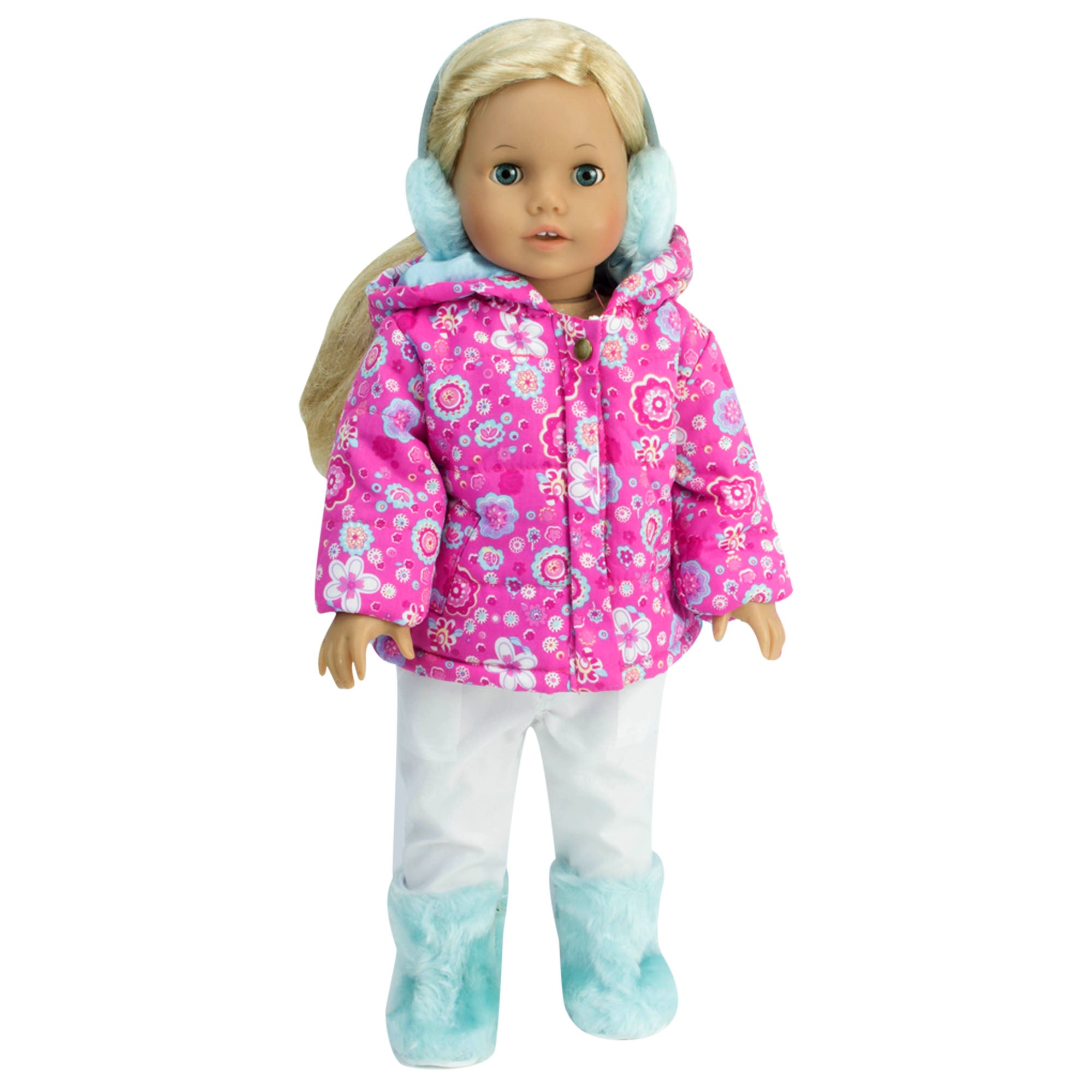 Sophia’s Two-Piece Bright & Colorful Flower Print Winter Parka & White Snowboard Pants Complete Clothing Outfit Set for 18” Dolls, Hot Pink