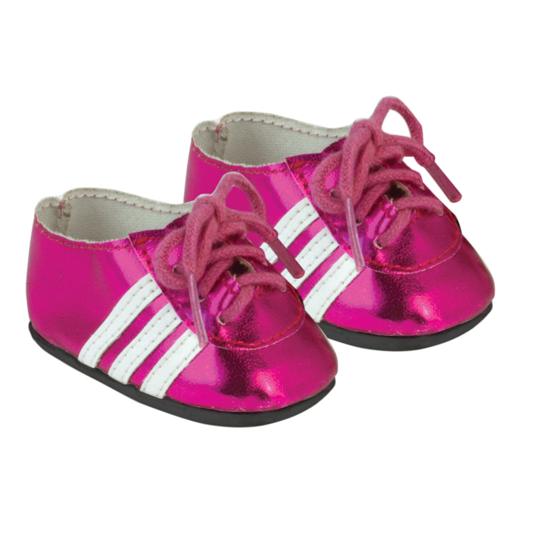 Sophia’s Cute Shimmery Metallic Football Soccer Cleat Shoes with White Striped Accents & Realistic Shoelaces for 18” Dolls, Fuchsia