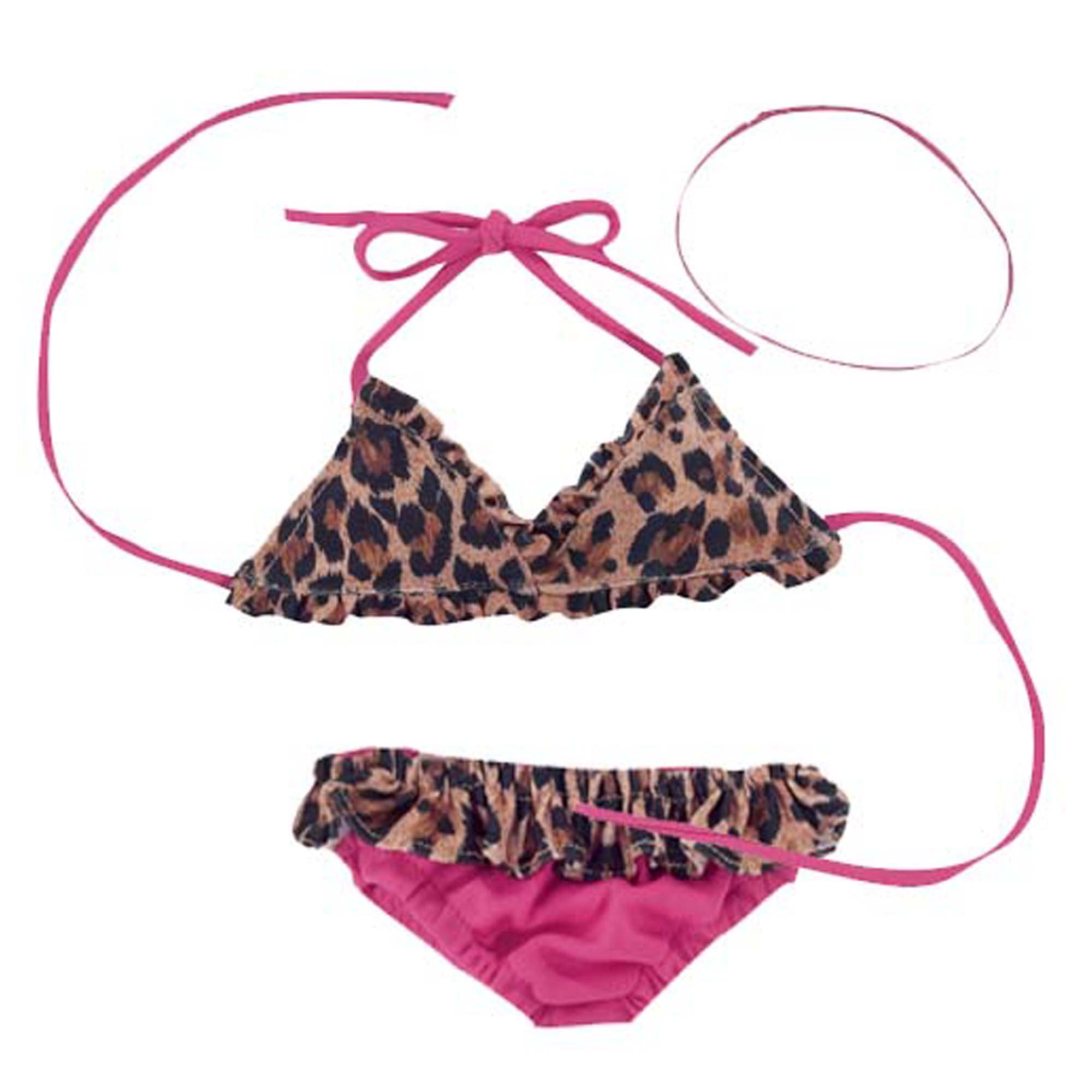 Sophia’s Super-Cute Animal Leopard Print V-Neck Halter Summer Bikini Swimsuit with Ruffle Details for 18” Dolls, Tan/Hot Pink