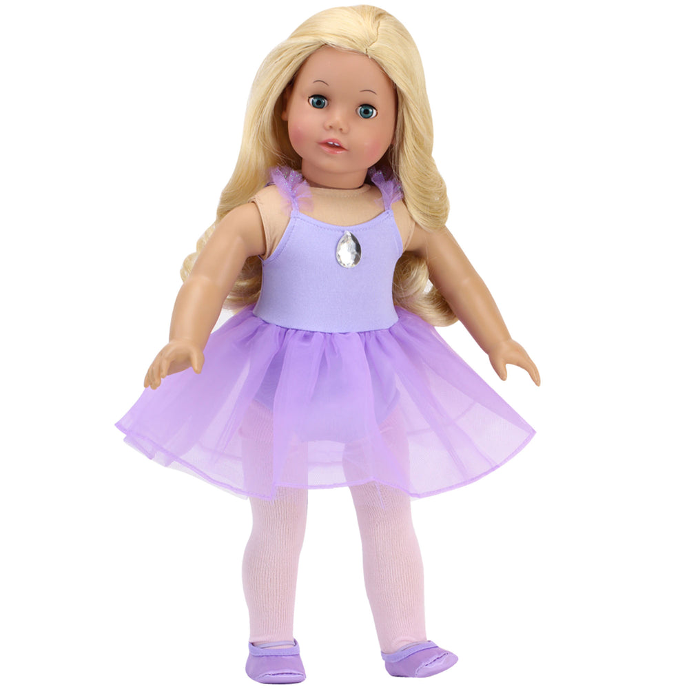Sophia’s Complete Two-Piece Ballet Outfit with Leotard, Attached Overskirt, & Matching Satin Slippers for 18” Dolls, Lavender