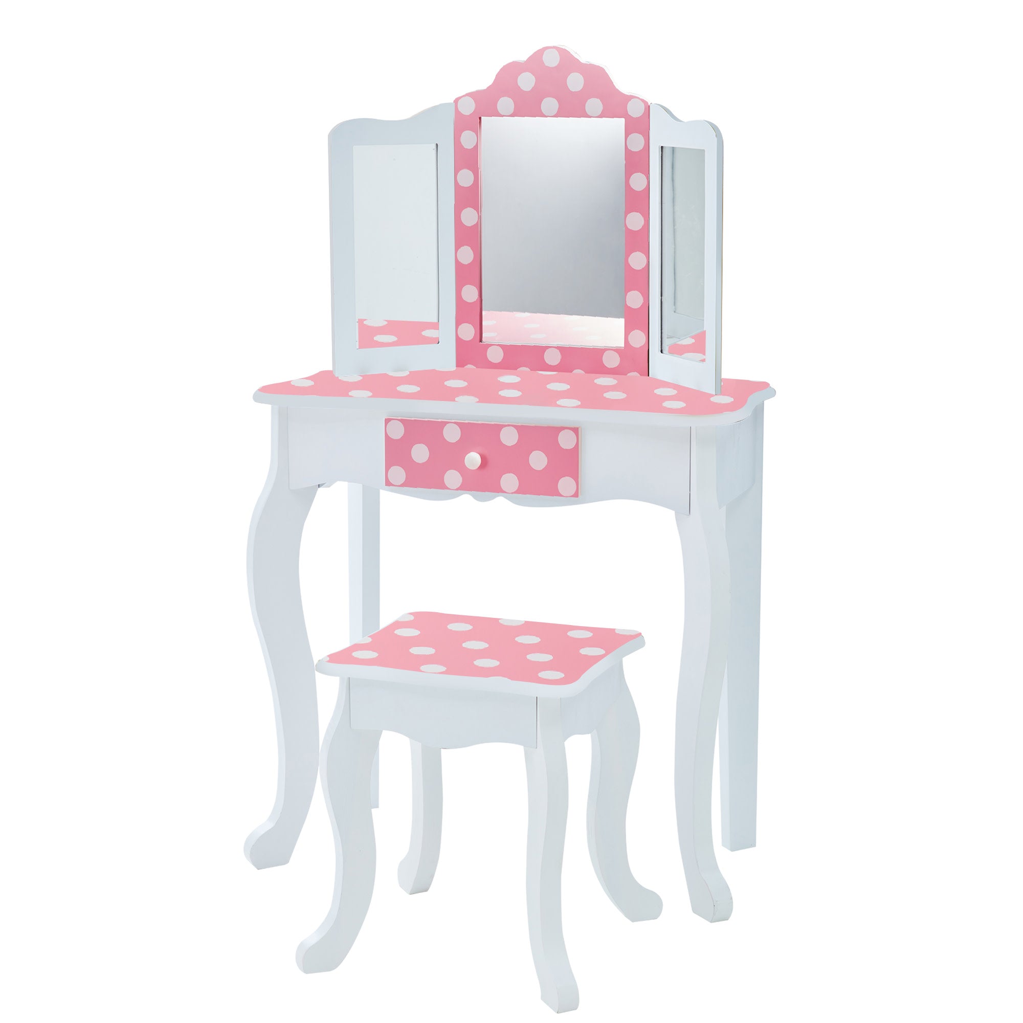 Teamson Kids Gisele Polka Dot Vanity Set with Tri-Fold Mirror, Pink/White