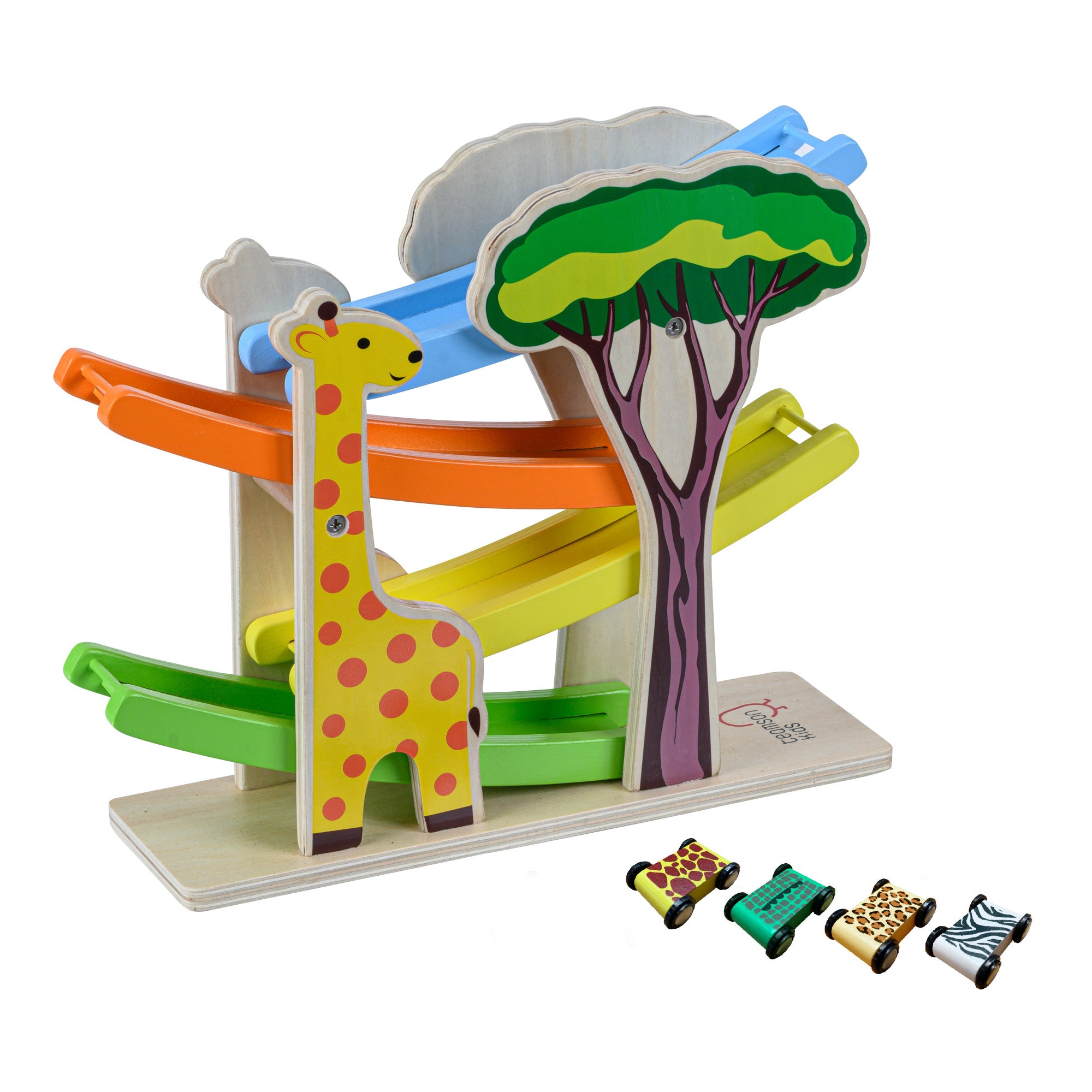 Teamson Kids Preschool Play Lab Wooden Safari Ramp Racer with Animal Print Cars, Multicolor