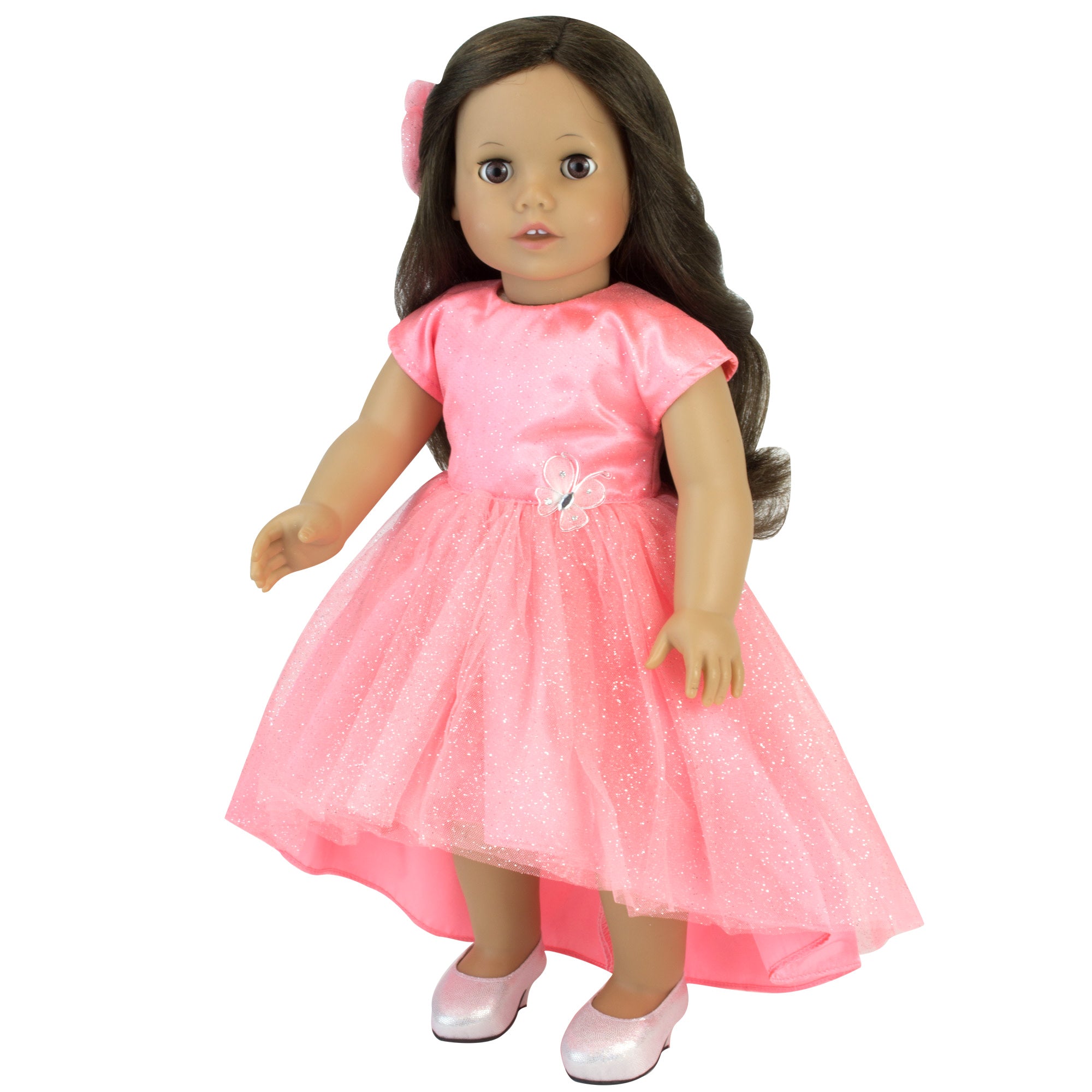 Sophia’s Hi-Low Hem Pink Sparkle Dress with Matching Tulle Hair Accessory for 18” Dolls, Coral