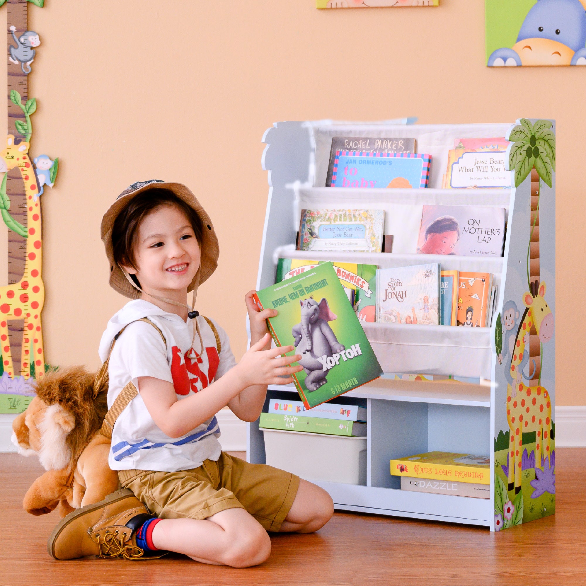 Fantasy Fields Kids Sunny Safari Wooden Display Bookshelf with Storage Drawer, Multicolor