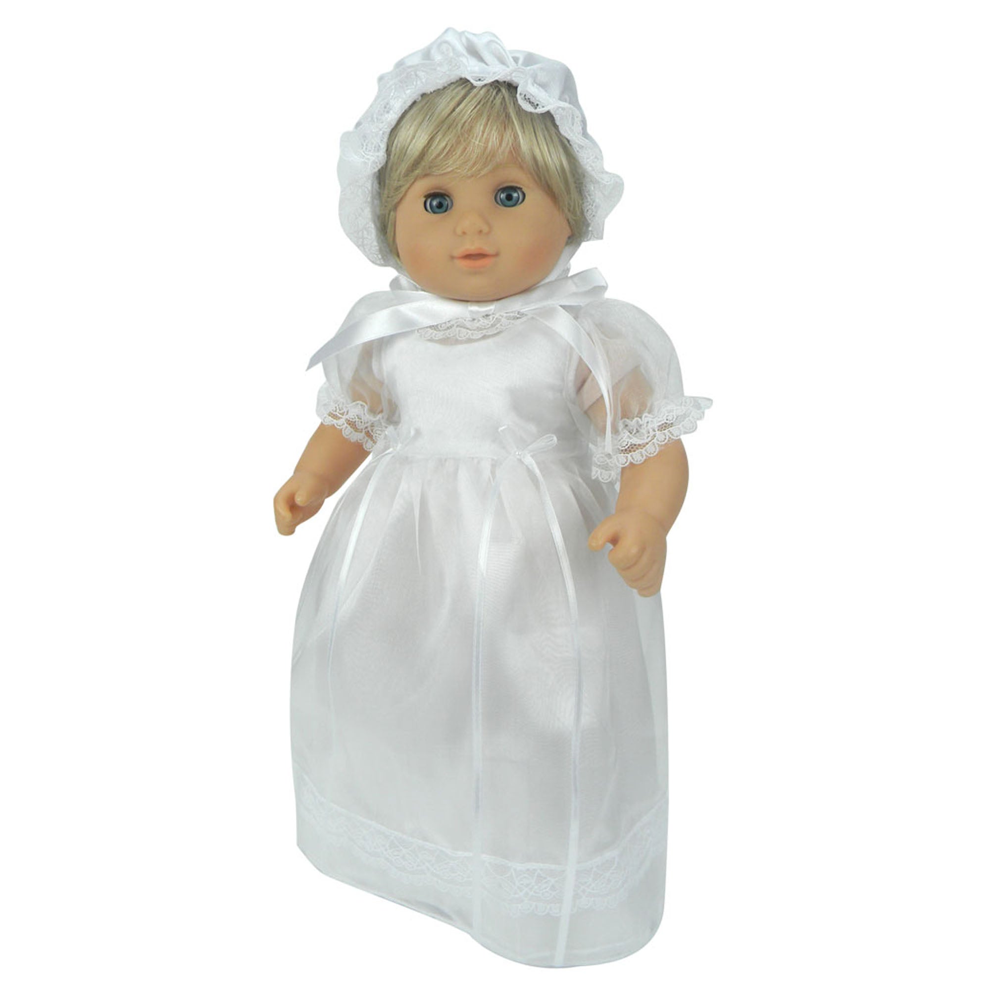 Sophia’s Special Occasion Ceremony Celebration Gown & Matching Bonnet with Lace Trim, Organza Overdress, & Ribbon Details for 15” Baby Dolls, White