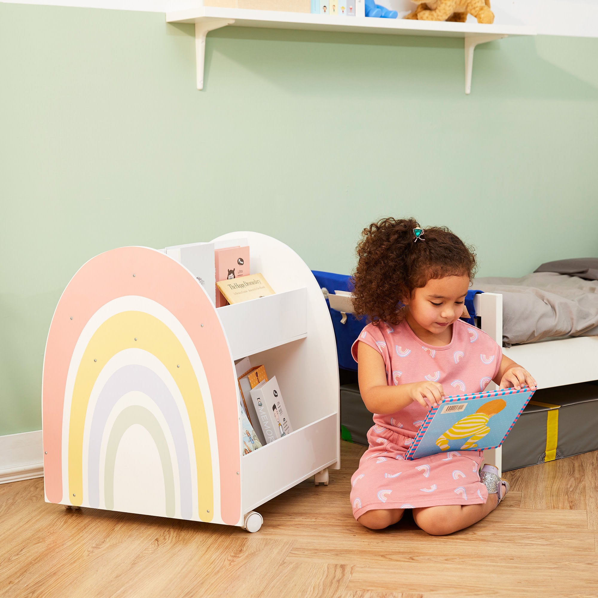 Fantasy Fields Kids Double-Sided Rolling Rainbow Bookcase with Storage, White