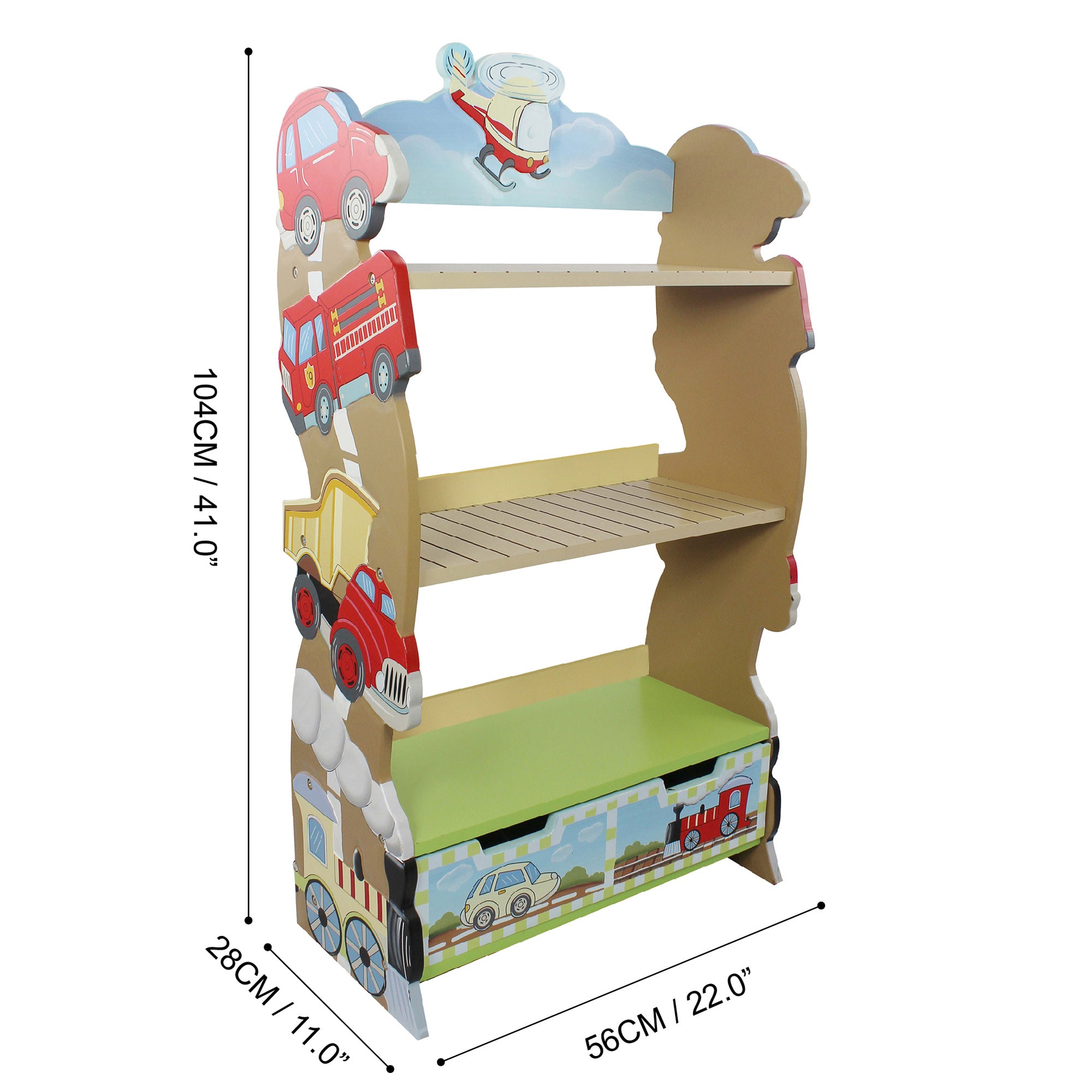 Fantasy Fields Kids Transportation Themed Wooden Bookshelf with Storage Drawer, Multicolor