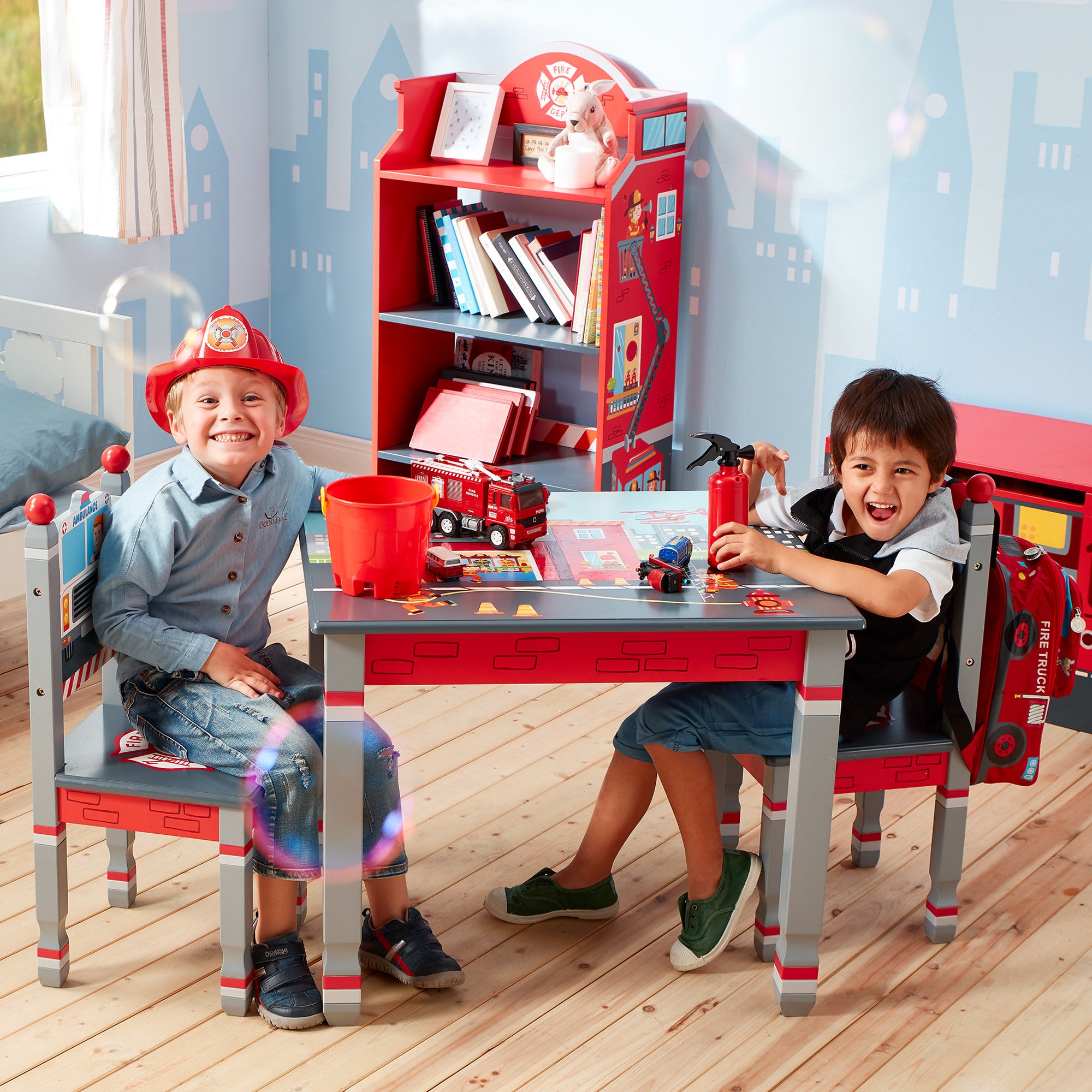 Fantasy Fields Wooden Kids Furniture Little Fire Fighters Table, Gray/Red