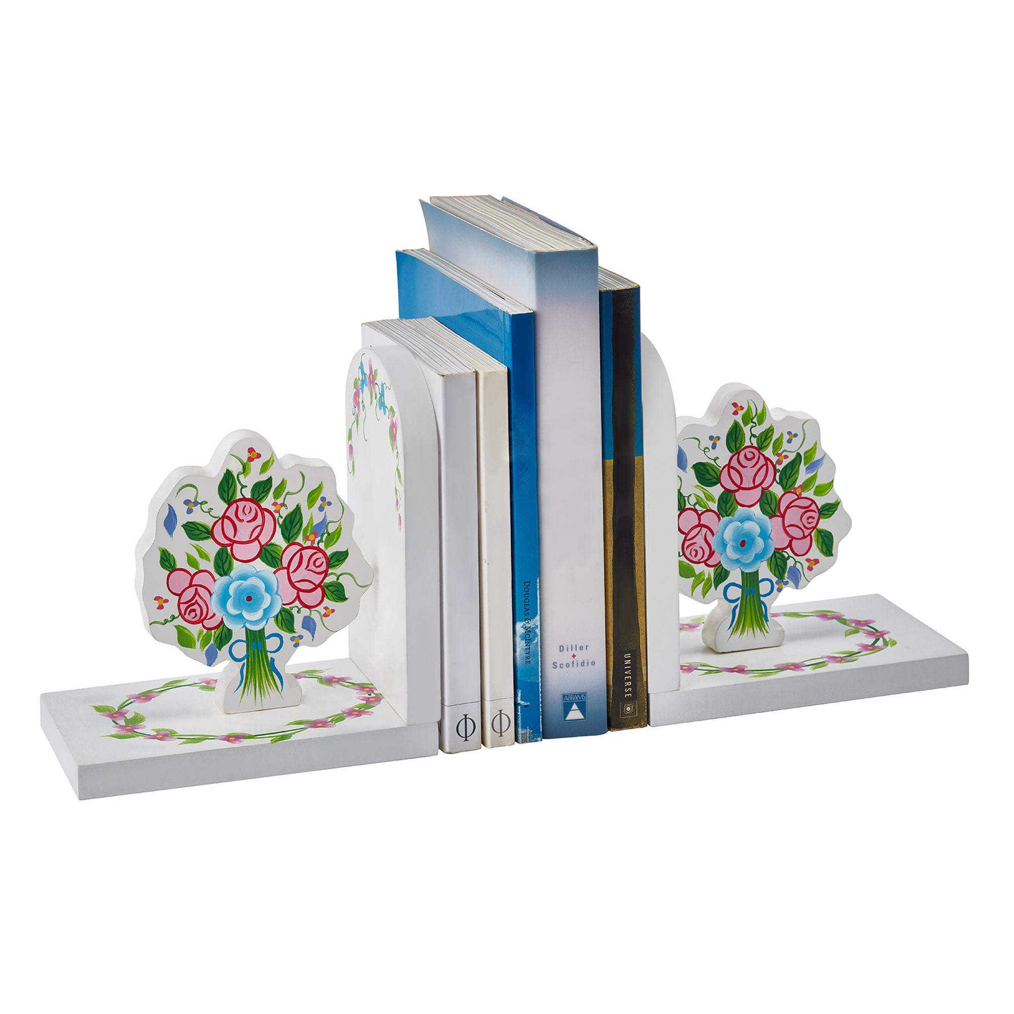 Fantasy Fields Toy Furniture Bouquet Set of Bookends with Hand-Carved & Hand-Painted Flowers, White