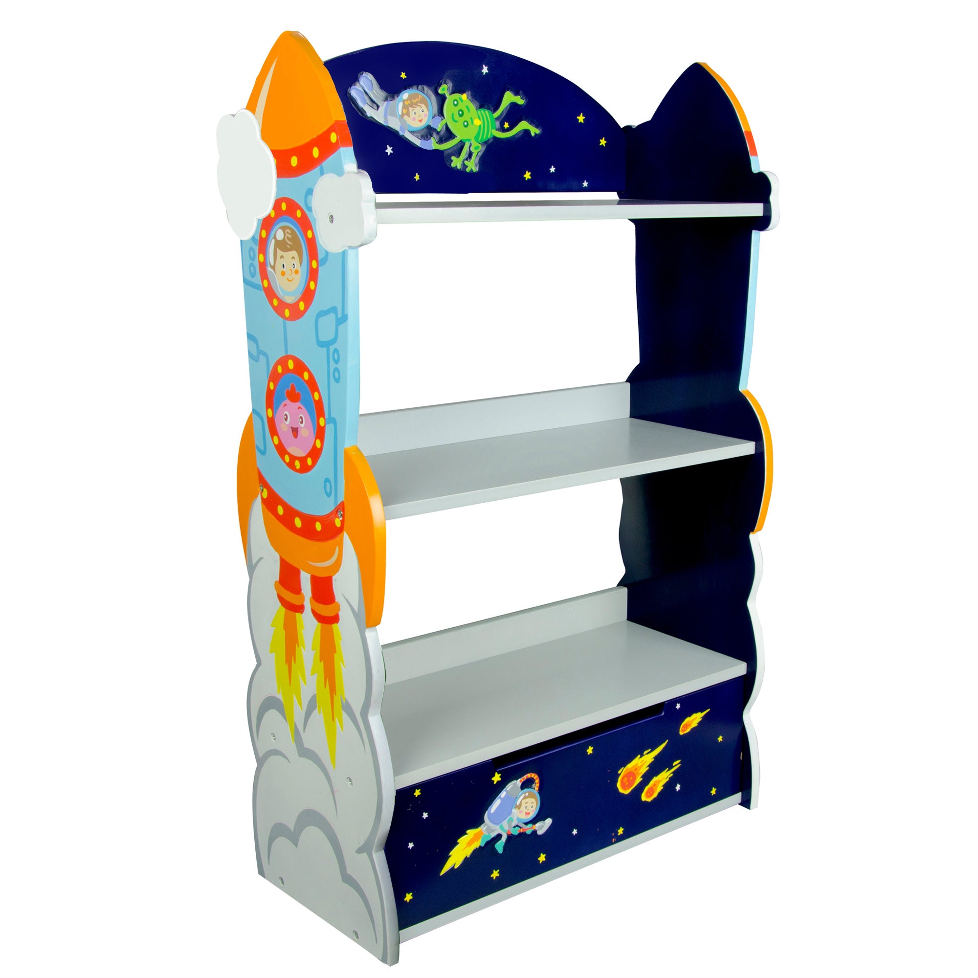Fantasy Fields Kids Wooden Outer Space Bookshelf with Drawer, Blue