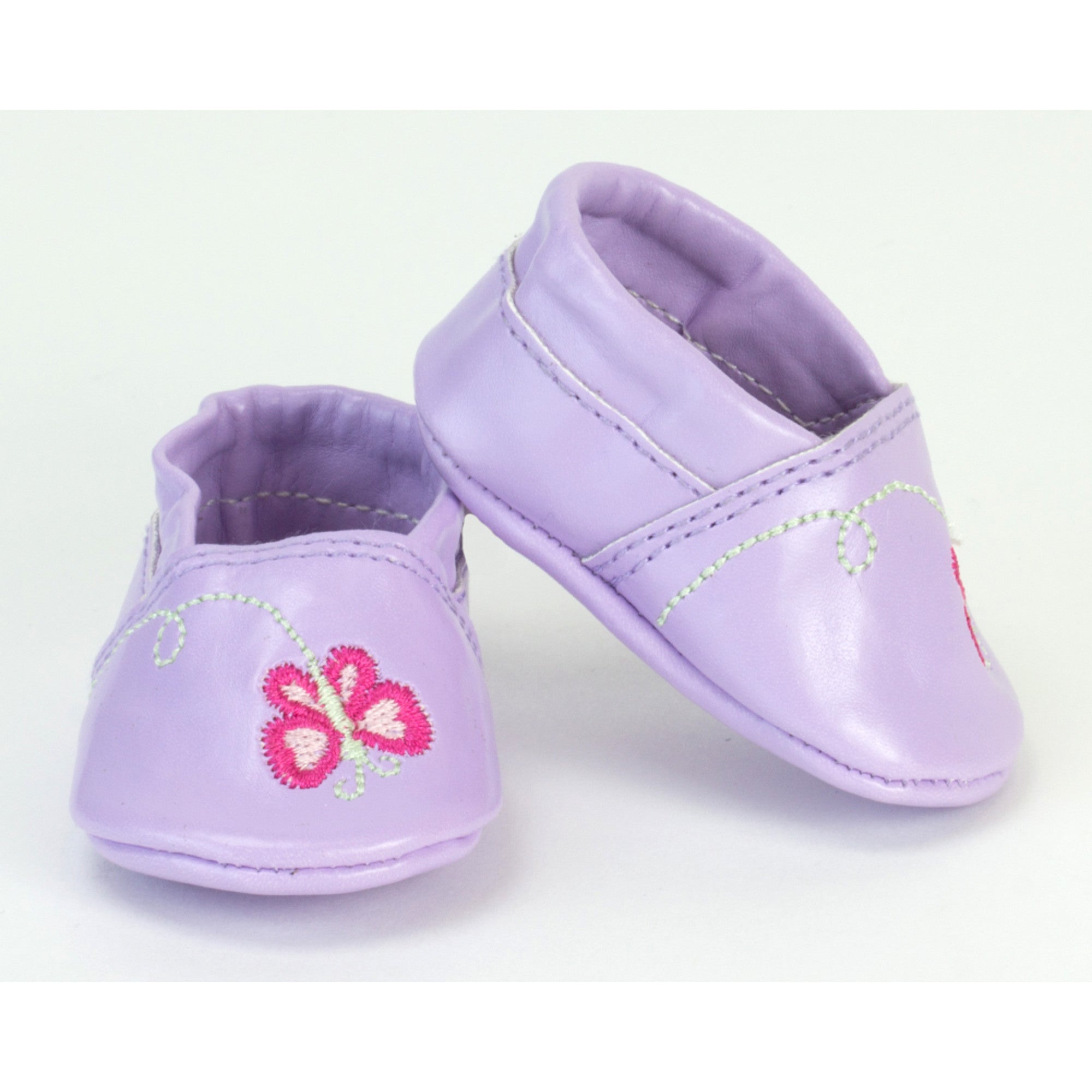 Sophia’s Solid-Colored Vegan Leather Slip-On Soft Sole Baby Shoes with Pink & White Butterfly Embroidery for 18” Dolls, Lavender